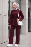 Asimetrik Kesim Beli Kemerli Pantolonlu Oversize Penye Takım -Mürdüm