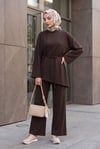 Asimetrik Kesim Beli Kemerli Pantolonlu Oversize Penye Takım -Kahverengi