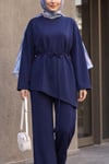 Asimetrik Kesim Beli Kemerli Pantolonlu Oversize Penye Takım -Lacivert