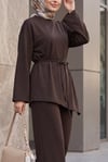Asimetrik Kesim Beli Kemerli Pantolonlu Oversize Penye Takım -Kahverengi