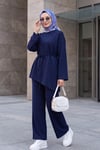 Asimetrik Kesim Beli Kemerli Pantolonlu Oversize Penye Takım -Lacivert