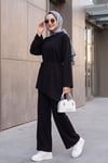 Asimetrik Kesim Beli Kemerli Pantolonlu Oversize Penye Takım -Siyah