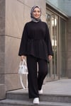 Asimetrik Kesim Beli Kemerli Pantolonlu Oversize Penye Takım -Siyah