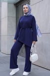 Asimetrik Kesim Beli Kemerli Pantolonlu Oversize Penye Takım -Lacivert