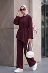 Asimetrik Kesim Beli Kemerli Pantolonlu Oversize Penye Takım -Mürdüm