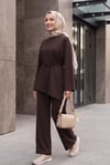 Asimetrik Kesim Beli Kemerli Pantolonlu Oversize Penye Takım -Kahverengi