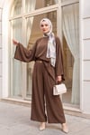 Asimetrik Kesim Geniş Kol Bol Paça Pantolonlu Kemerli Modal Takım -Kahverengi