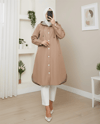 Astarı Çizgili Yan Cepli Kapşonlu Trençkot -Vizon-Trençkot-197-1406-R23