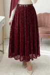 Astarlı Kemerli Kabartma Desenli Organze Etek -Bordo-Etek-429-0023-R04