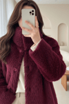 Atkı Detaylı Önü Düğmeli Sakallı Ceket -Bordo-Ceket-111-50783-R04