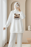 Ayıcık Baskılı Şardonlu 3 İplik Sweat Takım  -Beyaz-Takım-349-5285-R02