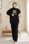 Ayıcık Baskılı Şardonlu 3 İplik Sweat Takım  -Siyah-Takım-349-5285-R01