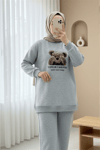 Ayıcık Baskılı Şardonlu 3 İplik Sweat Takım  -Açık Gri-Takım-349-5285-R41