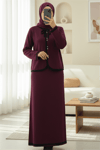 Bağcık Detaylı Şeritli Düğmeli Etekli Triko Takım -Bordo-Takım-295-1290T-R04
