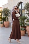Bağlama Detaylı Beli Lastikli Poplin Elbise -Kahverengi