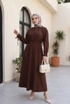 Bağlama Detaylı Beli Lastikli Poplin Elbise -Kahverengi