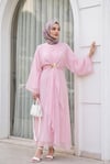 Bağlamalı Bolerolu Astarlı Uzun Tül Modal Elbise -Pembe
