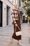 Baklava Desenli Polo Yaka Triko İçlikli Hırkalı Takım  -Pudra