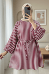 Balon Kol Belden Bağlamalı Astarlı Çizgili Tunik -Bordo-Tunik-223-3053-R04