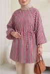 Balon Kol Belden Bağlamalı Astarlı Çizgili Tunik -Bordo-Tunik-223-3053-R04