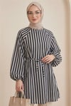Balon Kol Belden Bağlamalı Astarlı Çizgili Tunik -Siyah-Tunik-223-3053-R01