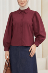 Balon Kol Düğmeli Kısa Poplin Gömlek -Bordo-Gömlek-432-24135-R04