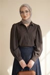 Gömlek-Balon Kol Düğmeli Kısa Poplin Gömlek -K. Kahve-432-24135-R54