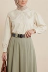 Bebe Yaka Dantel Detaylı Düğmeli Poplin Gömlek -Bej-Gömlek-364-6023-R56