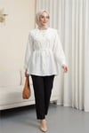 Bebe Yaka Fistolu Beli Bağcıklı Modal Tunik  -Ekru-Tunik-398-11008-R07