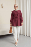 Bebe Yaka Fistolu Beli Bağcıklı Modal Tunik   -Bordo-Tunik-398-11008-R04