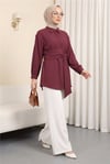 Belden Bağlamalı Fitlli Krinkıl Gömlek  -Bordo-Gömlek-120-5555-R04