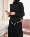 Beli Asimetrik Kesim Taşlı Eteği Pliseli Krep Elbise -Siyah-Elbise-316-4770-R01