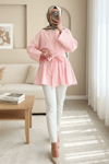Beli Bağcıklı Boydan Taş Düğmeli Tunik -Pembe-Tunik-307-2343-R20