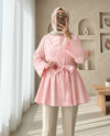 Beli Bağcıklı Boydan Taş Düğmeli Tunik -Pembe-Tunik-307-2343-R20