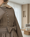 Beli Bağcıklı Boydan Taş Düğmeli Tunik -Açık Kahve-Tunik-307-2343-R76