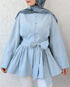 Beli Bağcıklı Boydan Taş Düğmeli Tunik -Bebe Mavi-Tunik-307-2343-R32