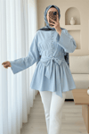 Beli Bağcıklı Boydan Taş Düğmeli Tunik -Bebe Mavi-Tunik-307-2343-R32