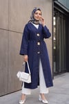 Beli Bağcıklı Broşlu Yırtmaçlı Uzun Kot Kimono -Koyu Lacivert