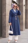 Beli Bağcıklı Broşlu Yırtmaçlı Uzun Kot Kimono -İndigo