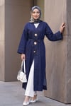 Beli Bağcıklı Broşlu Yırtmaçlı Uzun Kot Kimono -Koyu Lacivert