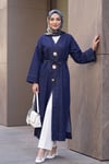 Beli Bağcıklı Broşlu Yırtmaçlı Uzun Kot Kimono -Koyu Lacivert