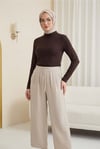 Beli Bağcıklı Çift Düğmeli Yüksek Bel Tensel Pantolon  -Taş-Pantolon-430-4052-R43