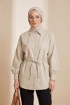 Beli Bağcıklı Düğmeli Oversize Modal Tunik -Bej-Gömlek-398-11007-R56