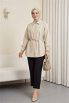 Beli Bağcıklı Düğmeli Oversize Modal Tunik -Bej-Gömlek-398-11007-R56