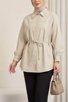 Beli Bağcıklı Düğmeli Oversize Modal Tunik -Bej-Gömlek-398-11007-R56