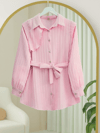 Tunik-Beli Bağcıklı Omuz Detaylı Fitilli Krinkıl Tunik -Pembe-398-1053-R20