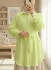 Beli Bağcıklı Omuz Detaylı Fitilli Krinkıl Tunik -Sarı-Tunik-398-1053-R22