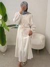Beli Bağcıklı Yarasa Kol Düğmeli Bluz Etek Keten Takım -Bej-Takım-307-2365-R56