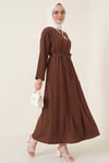 Beli Bağlamalı Arkası Fermuarlı Keten Elbise -Kahve-Elbise-307-0001-R15