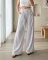 Beli Bağlamalı Bol Paça Çizgili Cepli Pantolon  -Beyaz-Pantolon-246-5290-R02